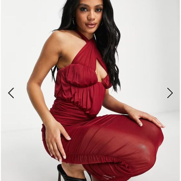 ASOS Design Nordstrom halter mesh ruched midi dress in red size 6 NWT - Picture 4 of 16